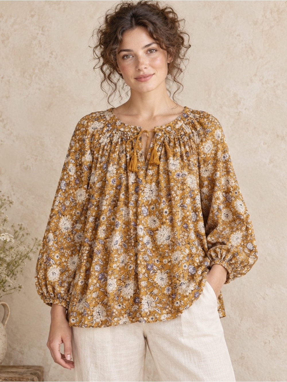 Old Navy Woman Mustard Yellow Dainty Floral Relax Balloon Sleeve Peasant Top SM